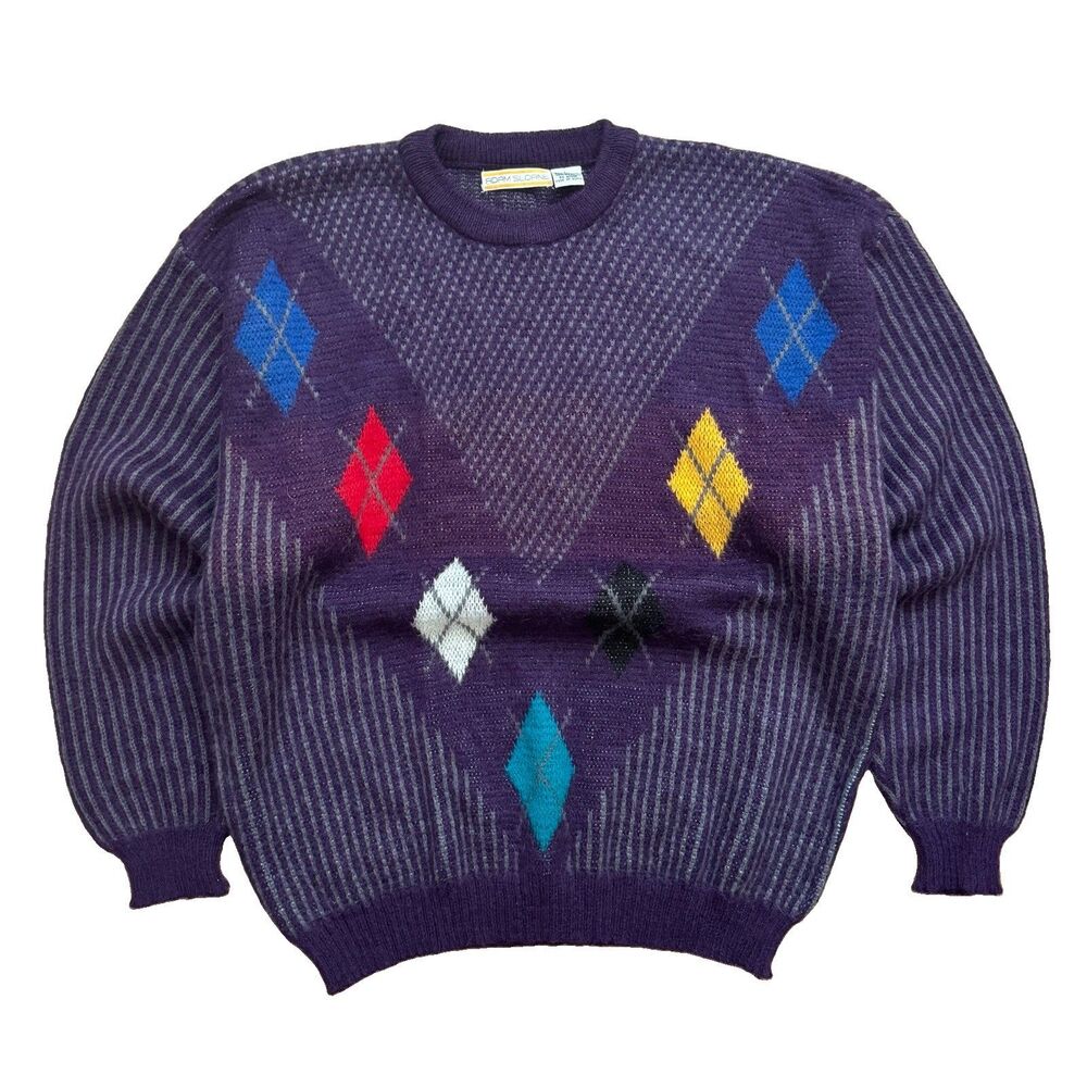 Vintage 80s Adam Sloane Argyle Grandpa Sweater Mens Size L Purple Acrylic Wool